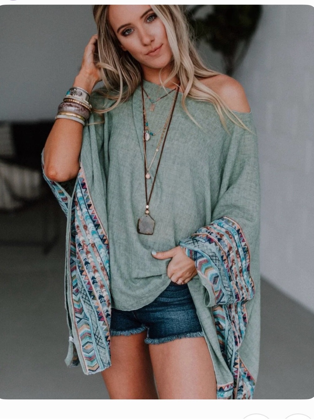 Three Bird Nest Off-Shoulder Sage Green Boho Fallon Poncho